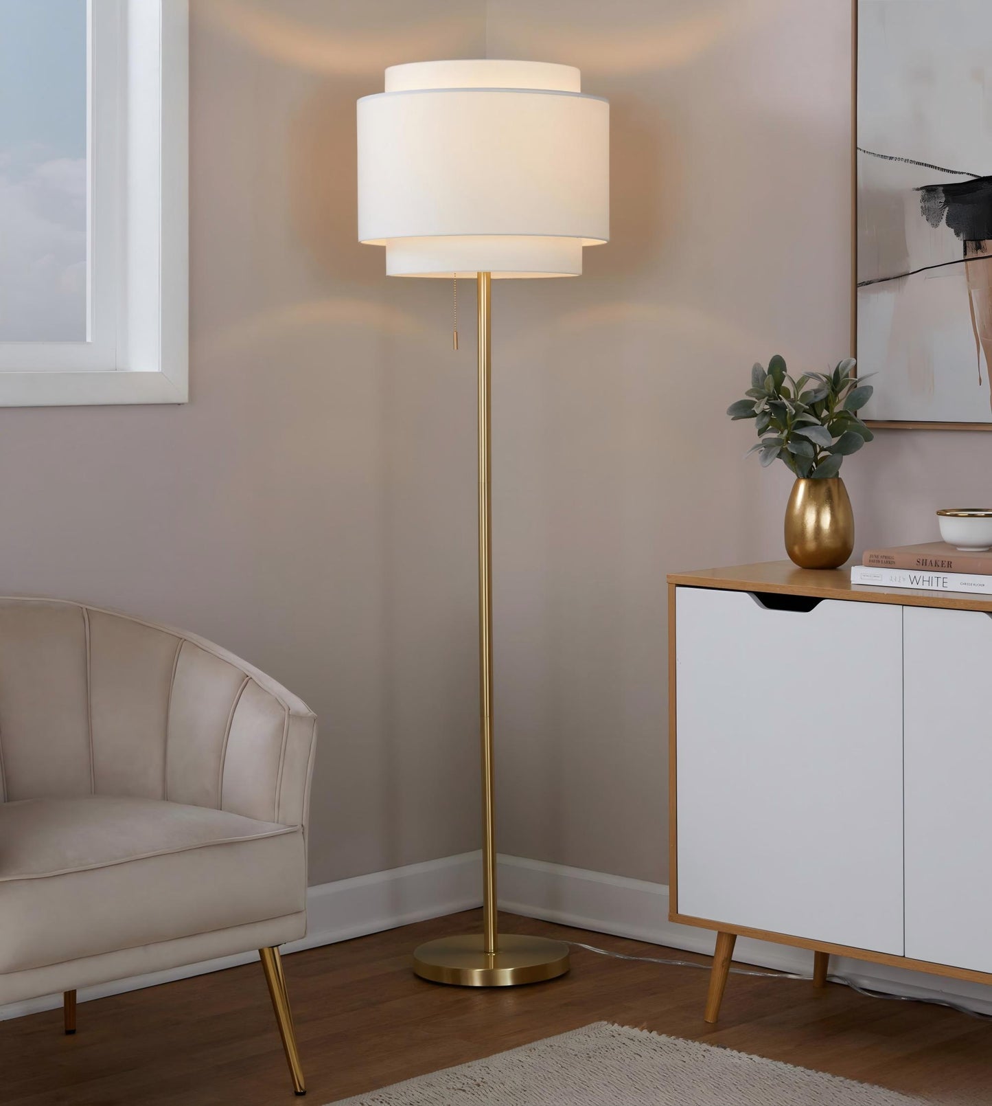 64-Inch Gold Metal Floor Lamp with Off-White Linen Shade