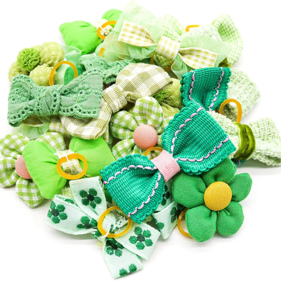 Pet Hair Bows for Small & Medium Dogs - 20 Colorful Rhinestone & Lace Clips