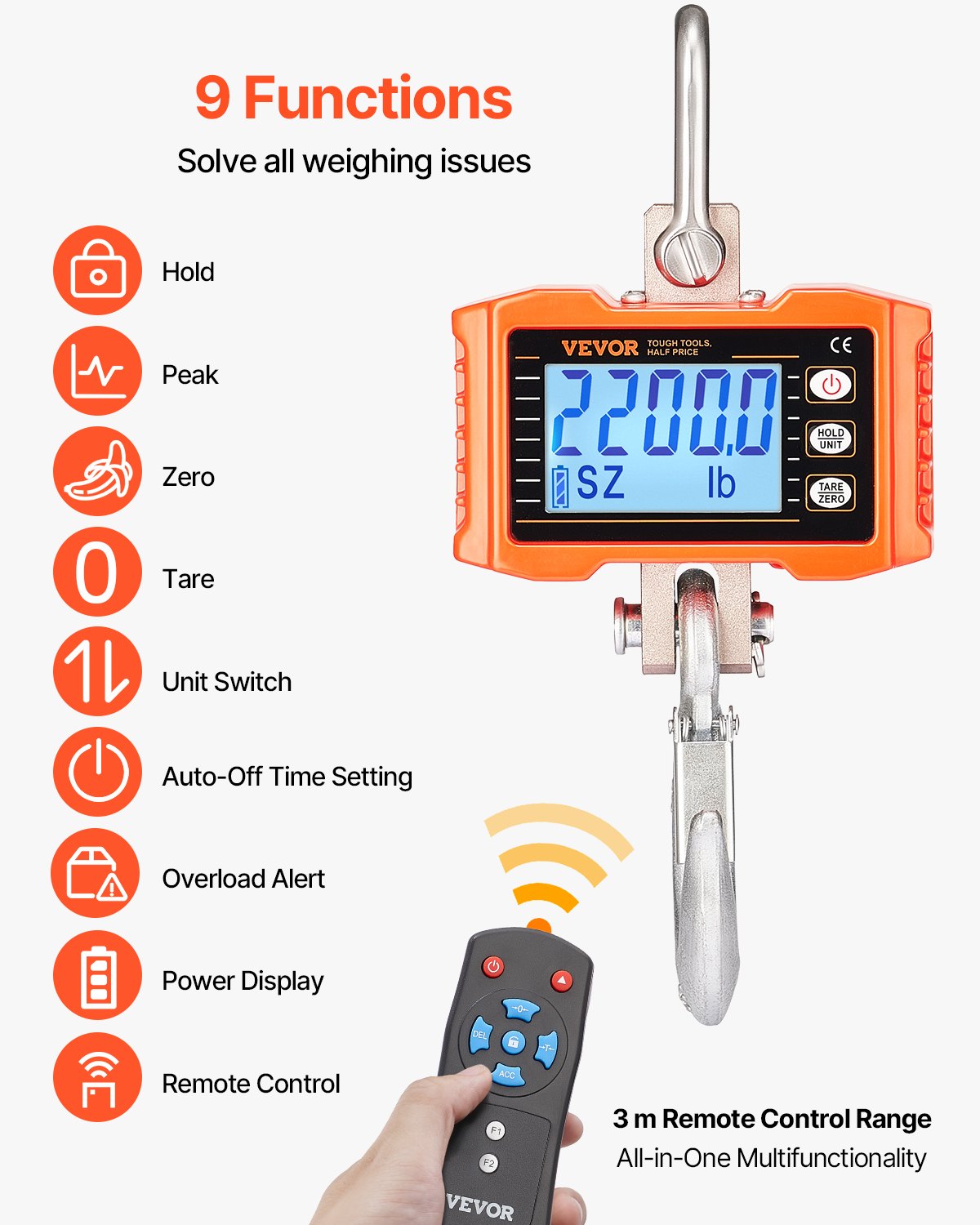 Digital Crane Scale 2200 Lb / 1000 Kg Heavy Duty Hanging Scale Orange