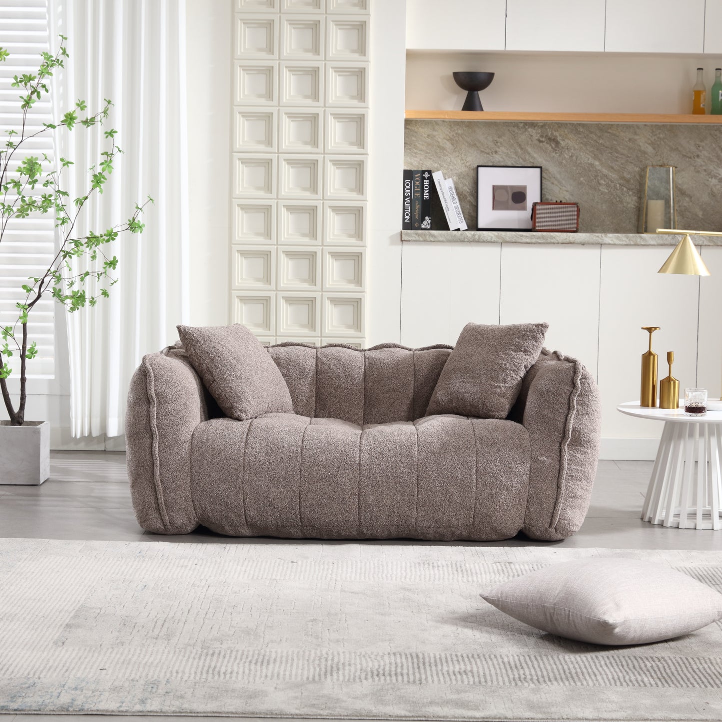 Comfortable Brown Beanbag Chair for Two - Chenille Foam Sofa
