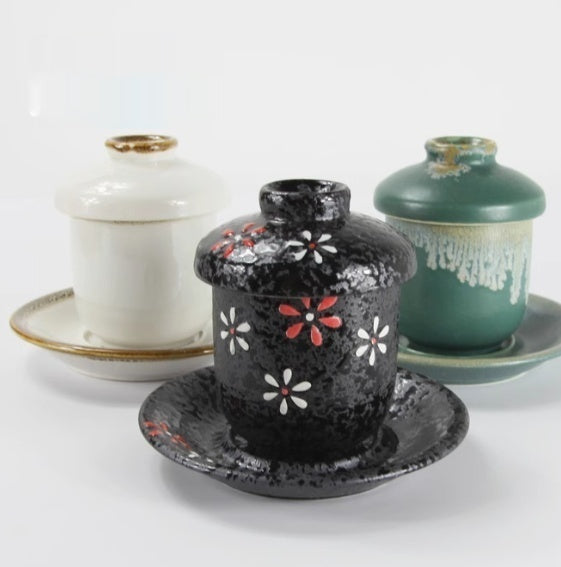 Hand Painted Ceramic Soup Cup with Lid - Japanese Style Miso & Tea Utensil