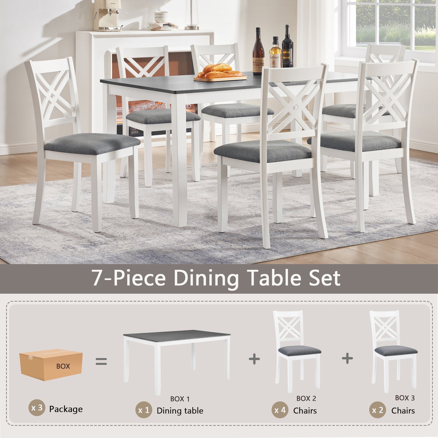 7-Piece Solid Wood Dining Set with 6 Upholstered Chairs - Grey & White
