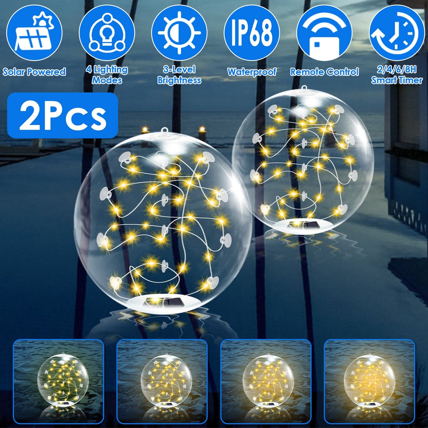 2Pcs Solar Floating Pool Lights Waterproof Inflatables with Remote Control