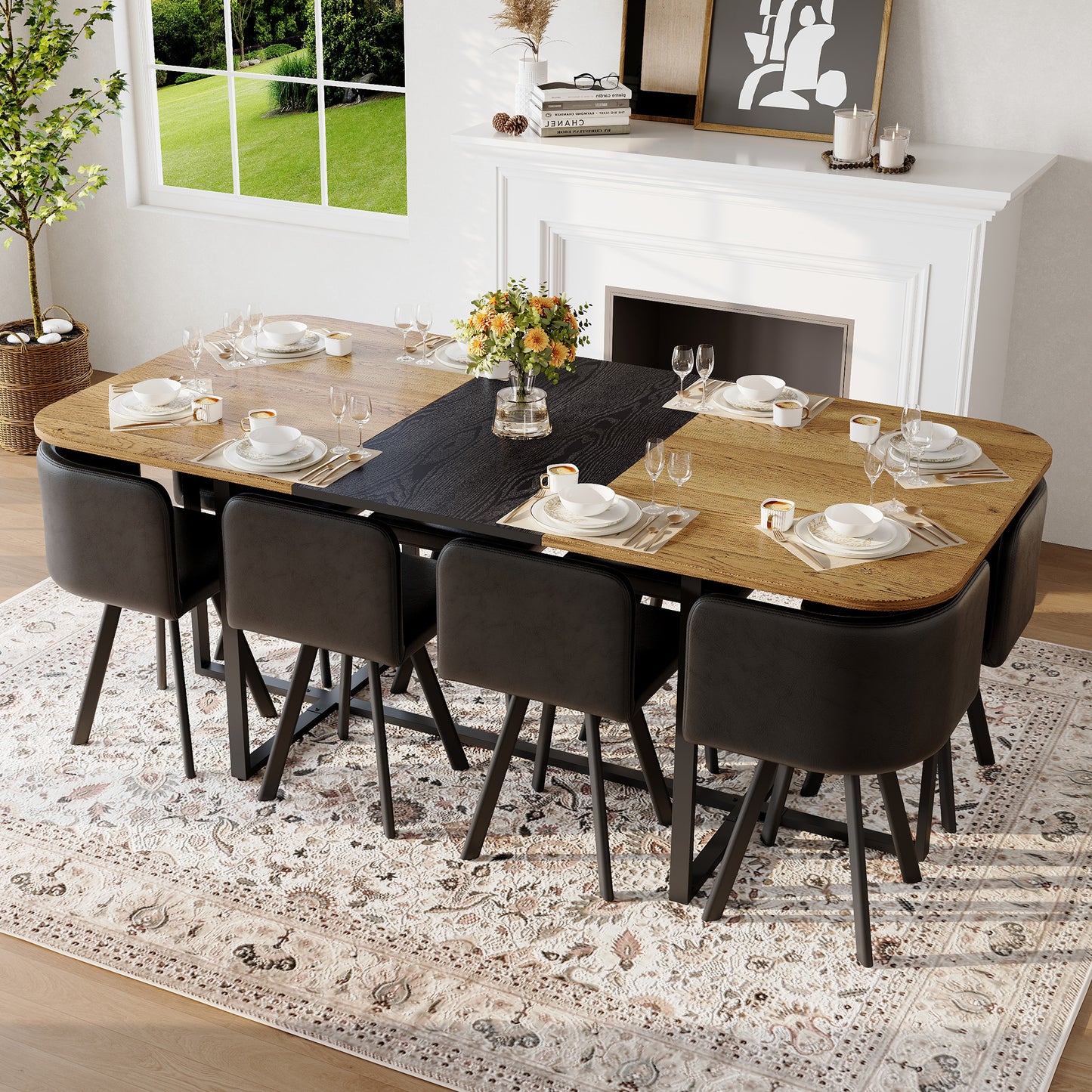 9-Piece Square Dining Table Set, Fixed Two-Tone Wood Grain & Black