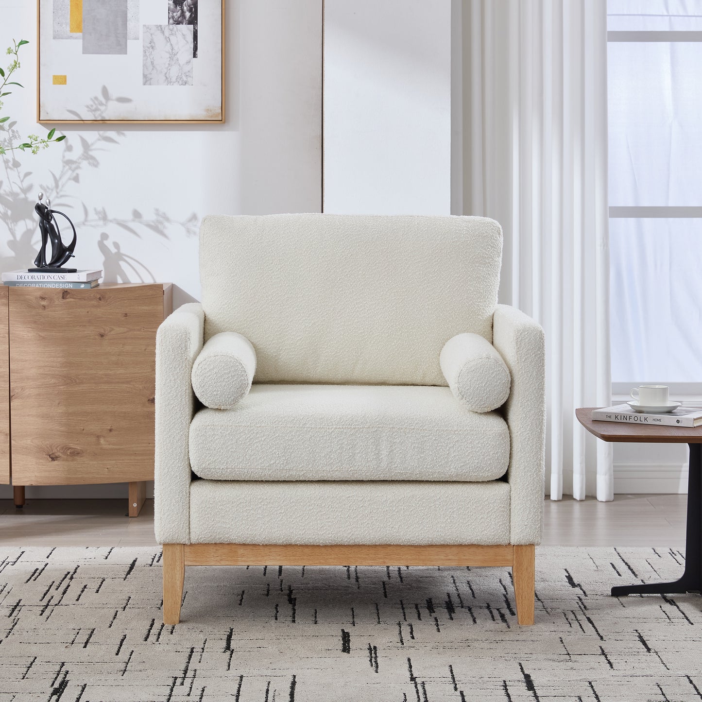 Modern Farmhouse Accent Chair with Wood Legs & Bolster Pillows - Ivory