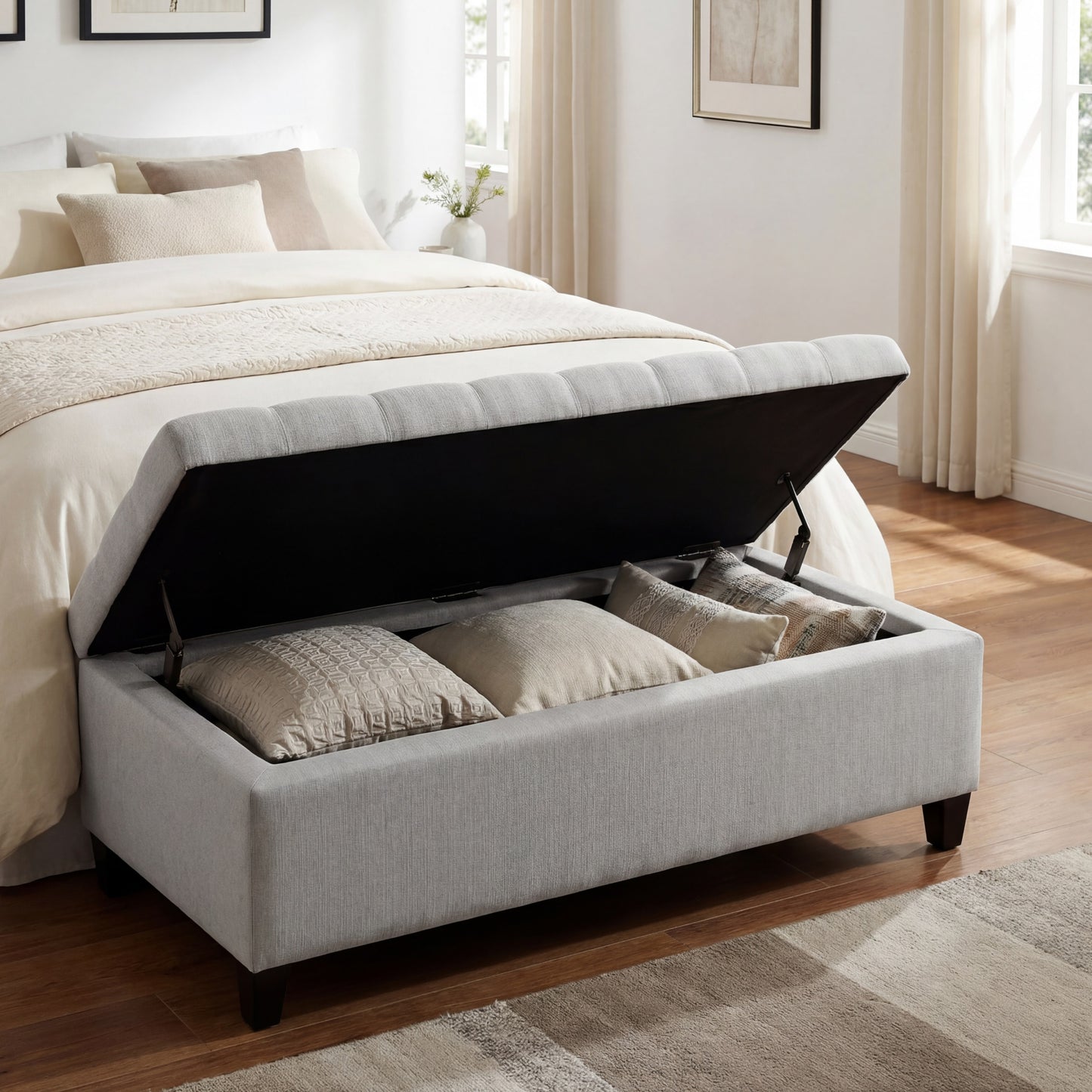 Upholstered Storage Ottoman Bench - Light Grey, 300lbs Capacity