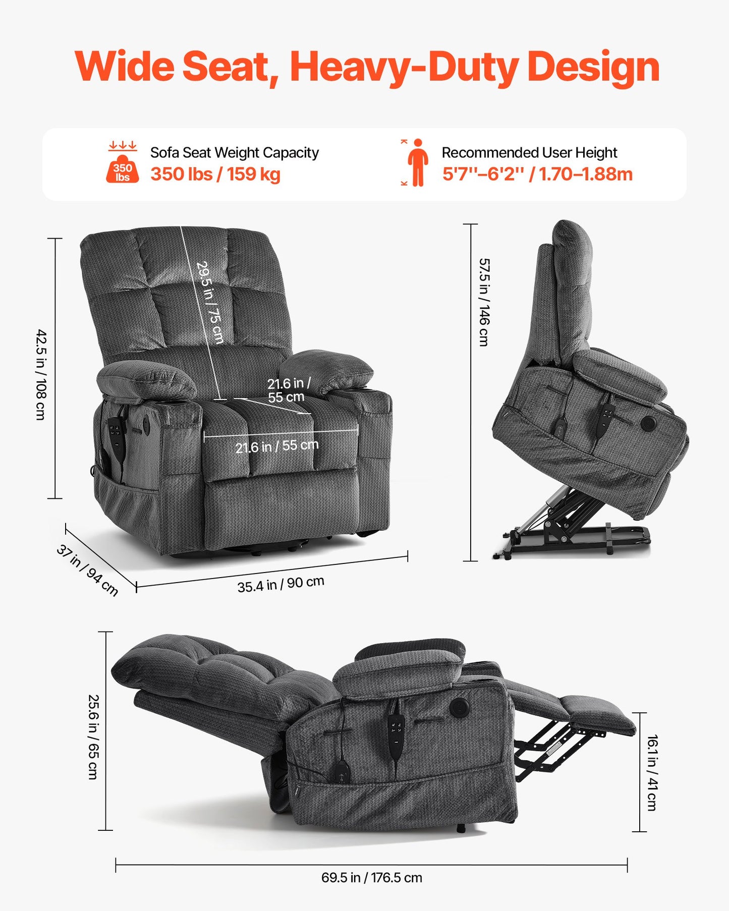 Electric Power Lift Recliner Chair with Heat Massage Velvet Dark Gray