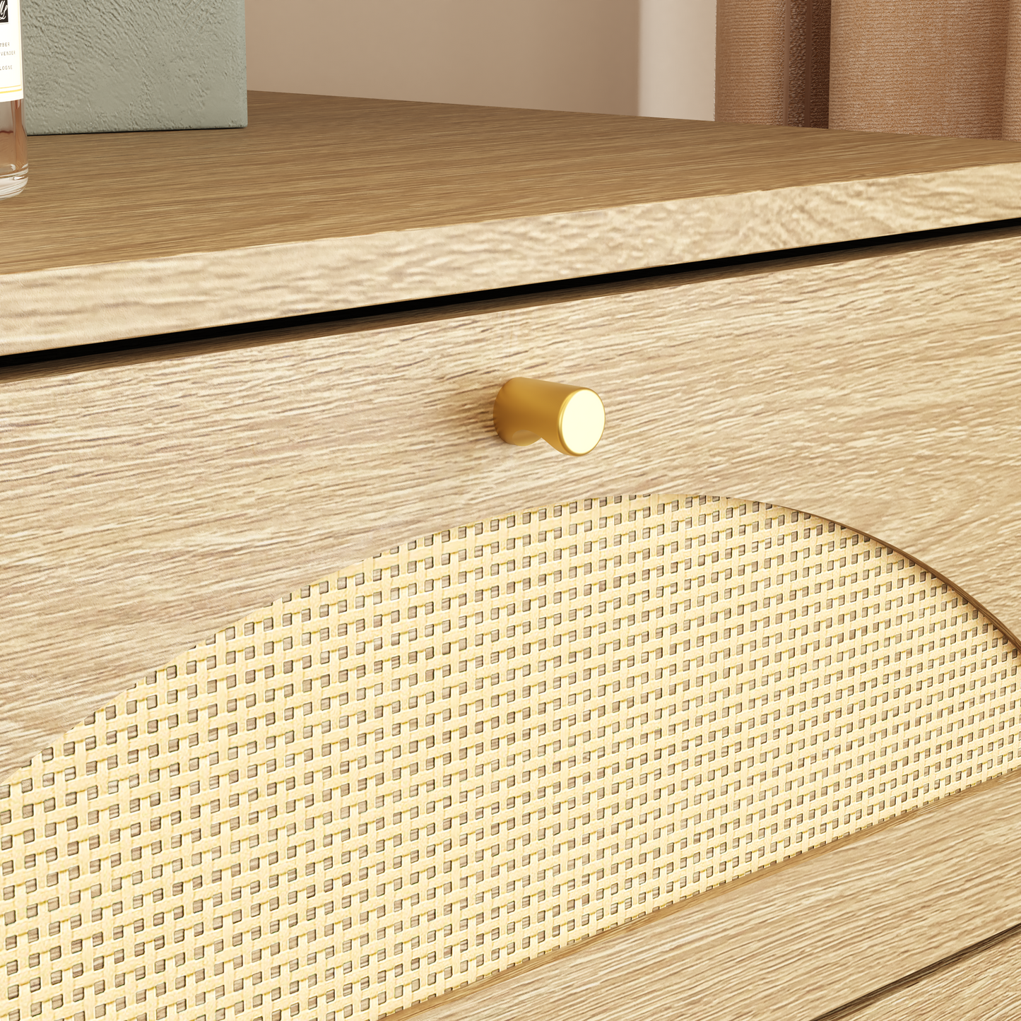 Natural 8-Drawer Dresser with Rattan Front - Wide Storage Cabinet