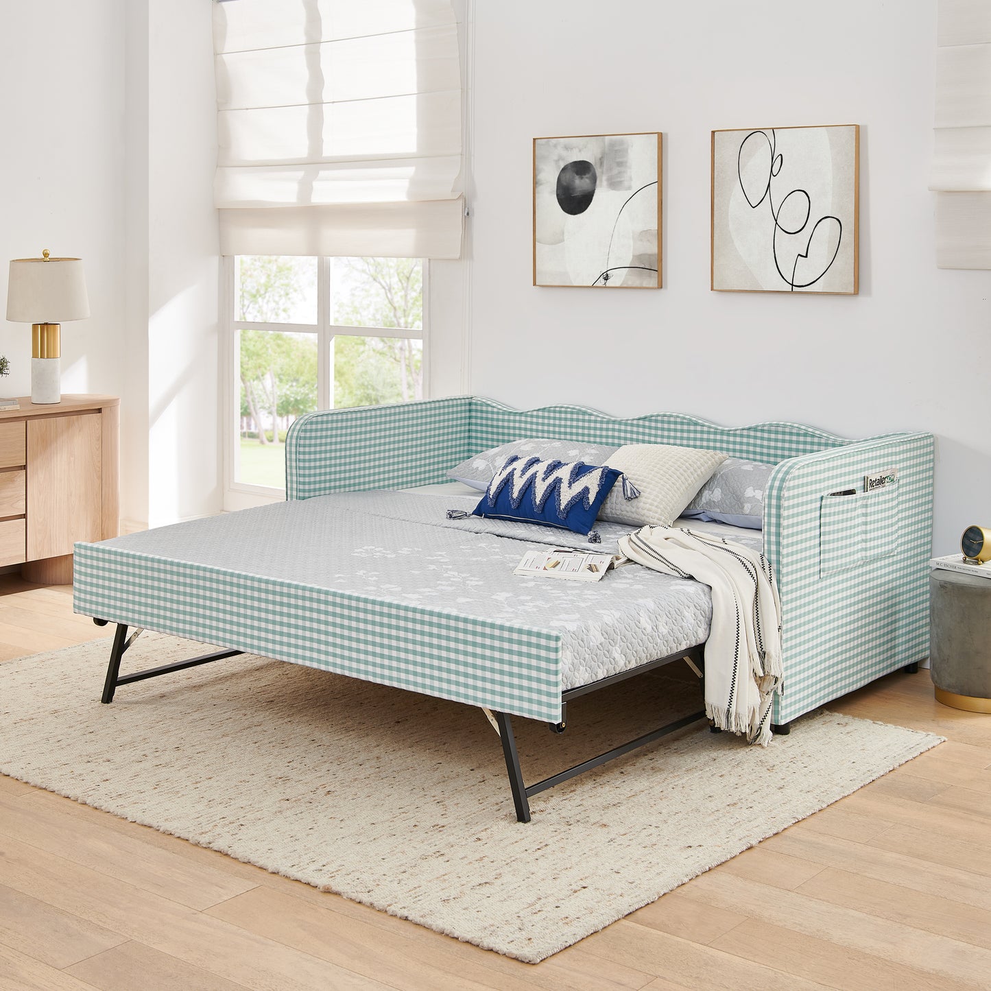 Twin Size Gingham Upholstered Daybed with Pull-Out Trundle & Storage - Cyan