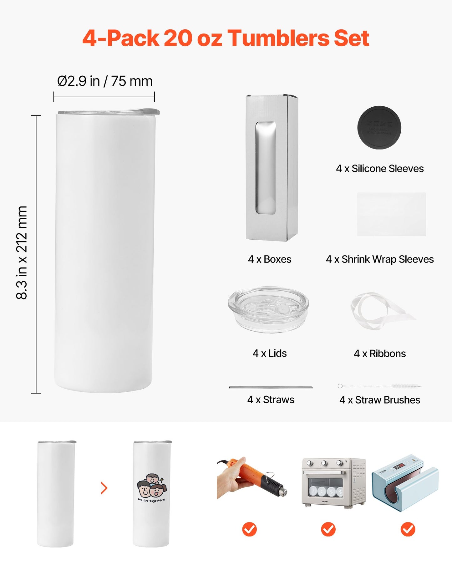 20 Oz Stainless Steel Sublimation Tumblers 4 Pack - Insulated Skinny Cups with Lids & Straws