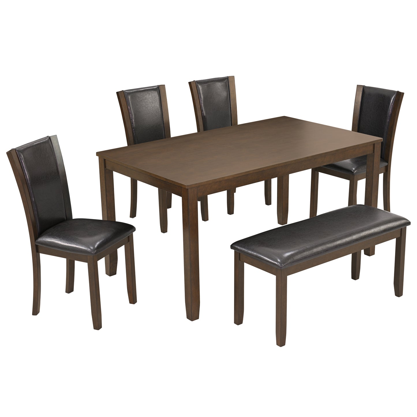 6-Piece Farmhouse Dining Table Set with Bench & Chairs - Dark Walnut