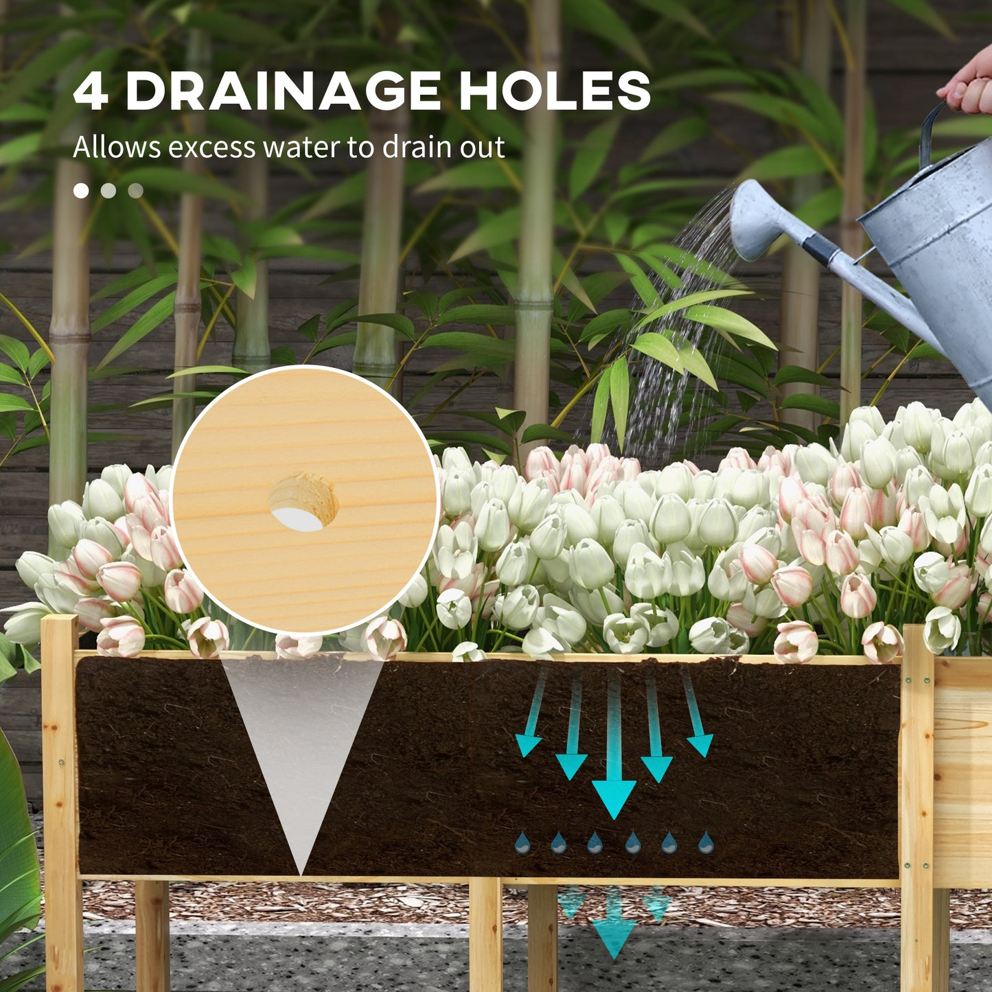 Large Wooden Raised Garden Bed with Legs, Drain Holes & Liner - Natural Finish