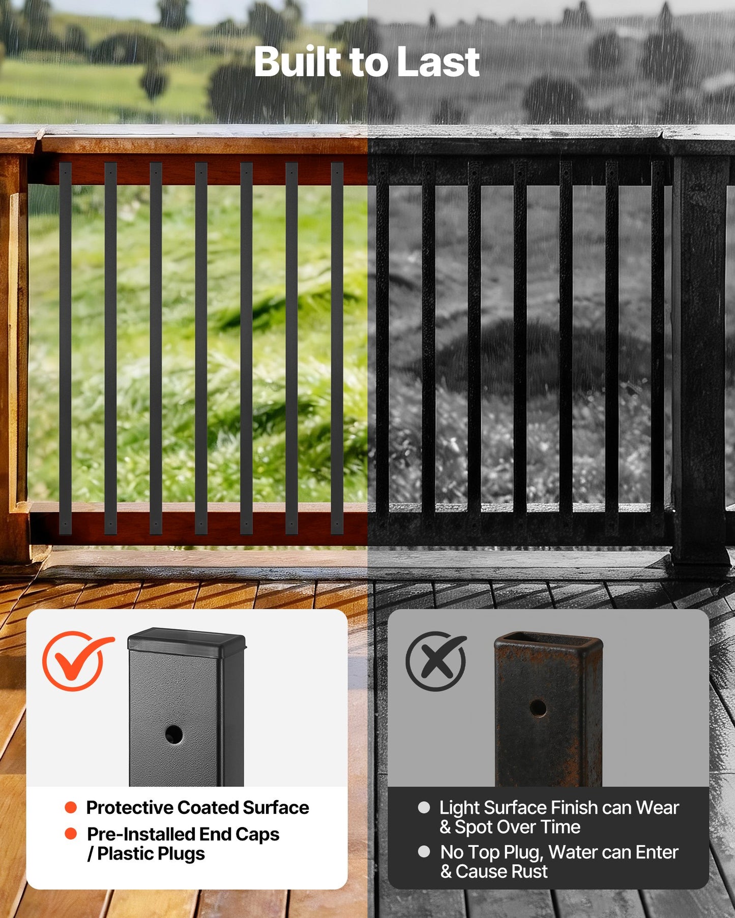 Galvanized Steel Deck Balusters - Black 32.28 In Railing Spindles with End Caps & Screws
