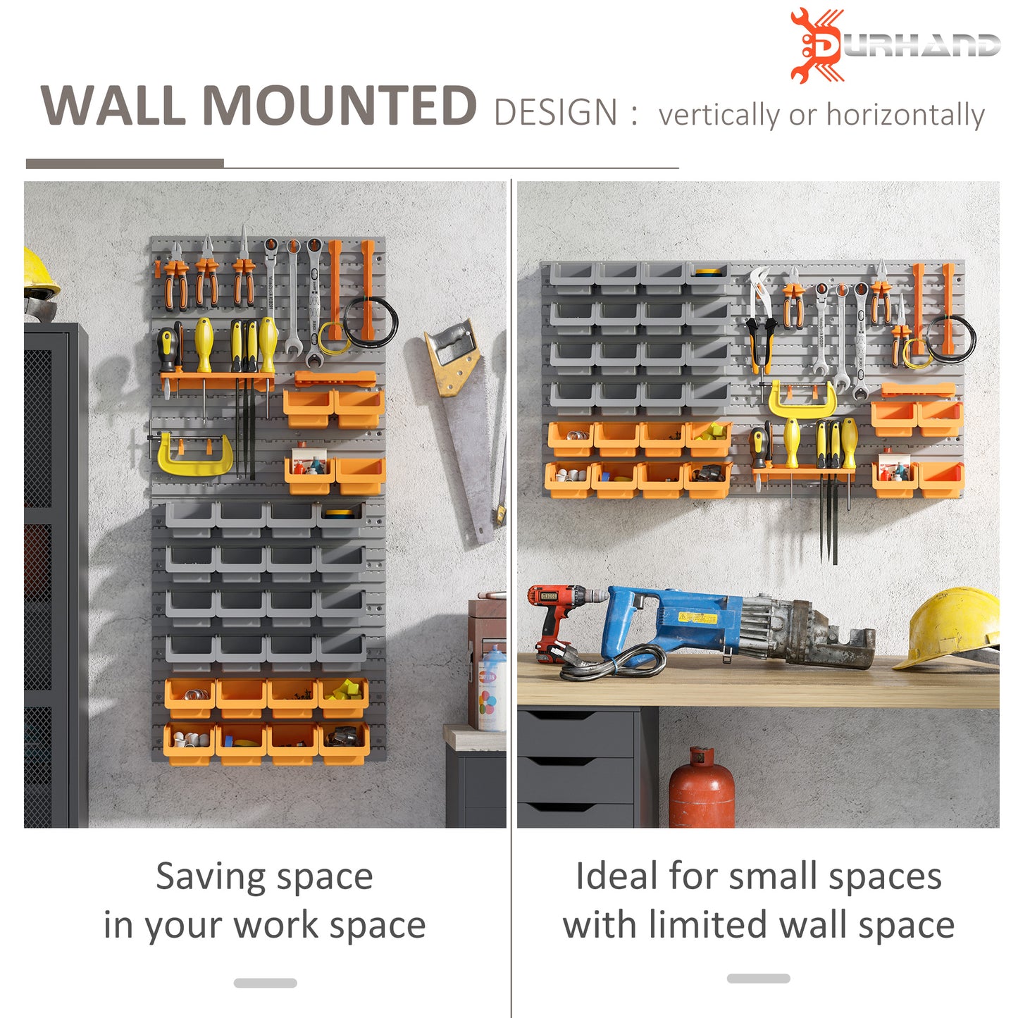 Wall Mounted Pegboard Tool Organizer Rack Kit with Storage Bins & Hooks - Orange, 600x545mm