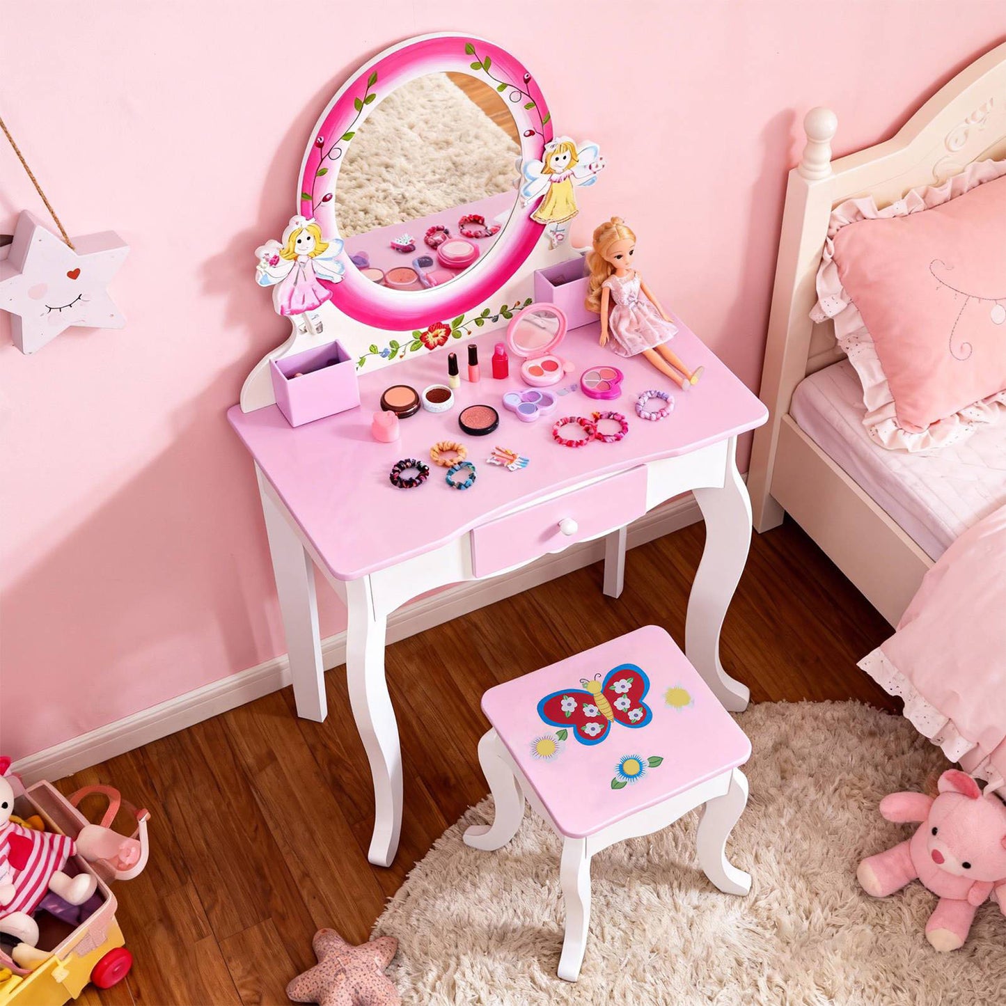 Kids Vanity Set Floral Printed Wooden Makeup Dressing Princess Table