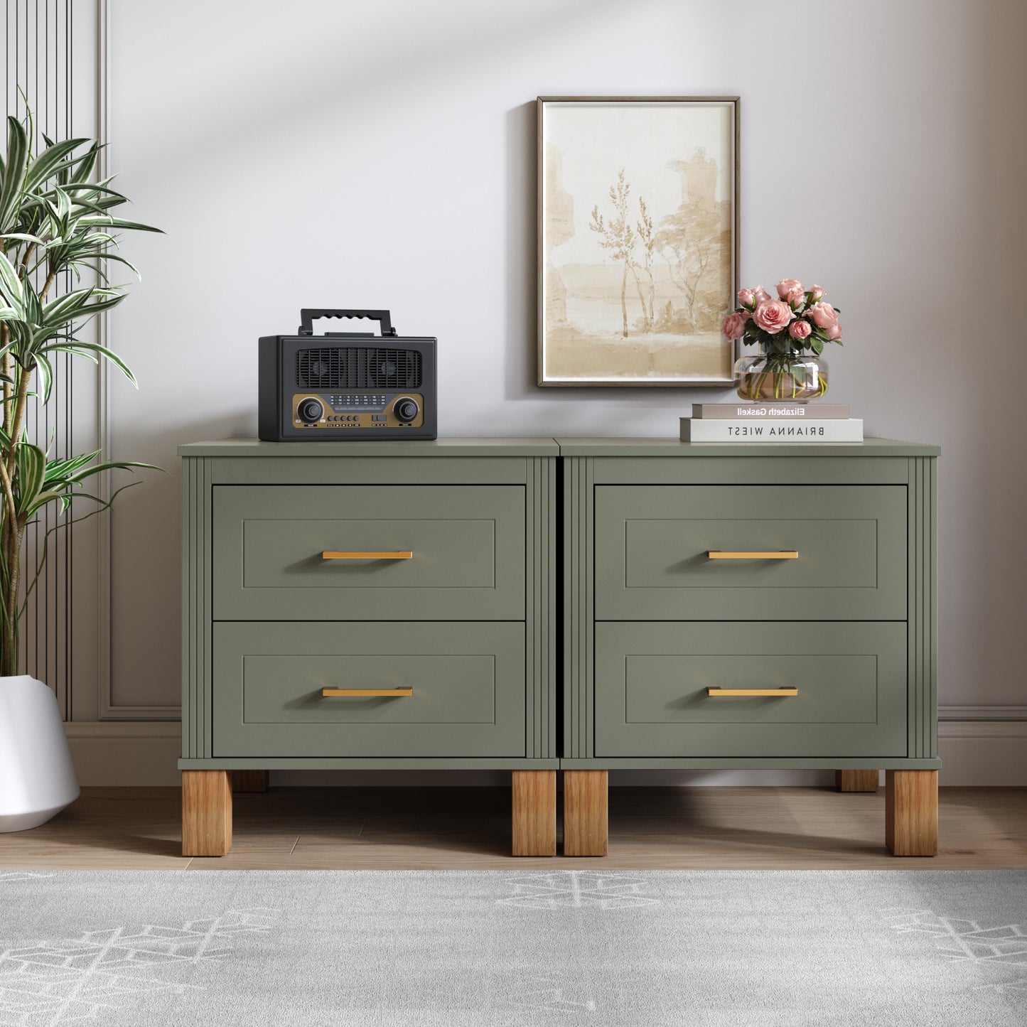 2 Drawer Nightstand - Premium Wood Storage with Fluted Design, Olive