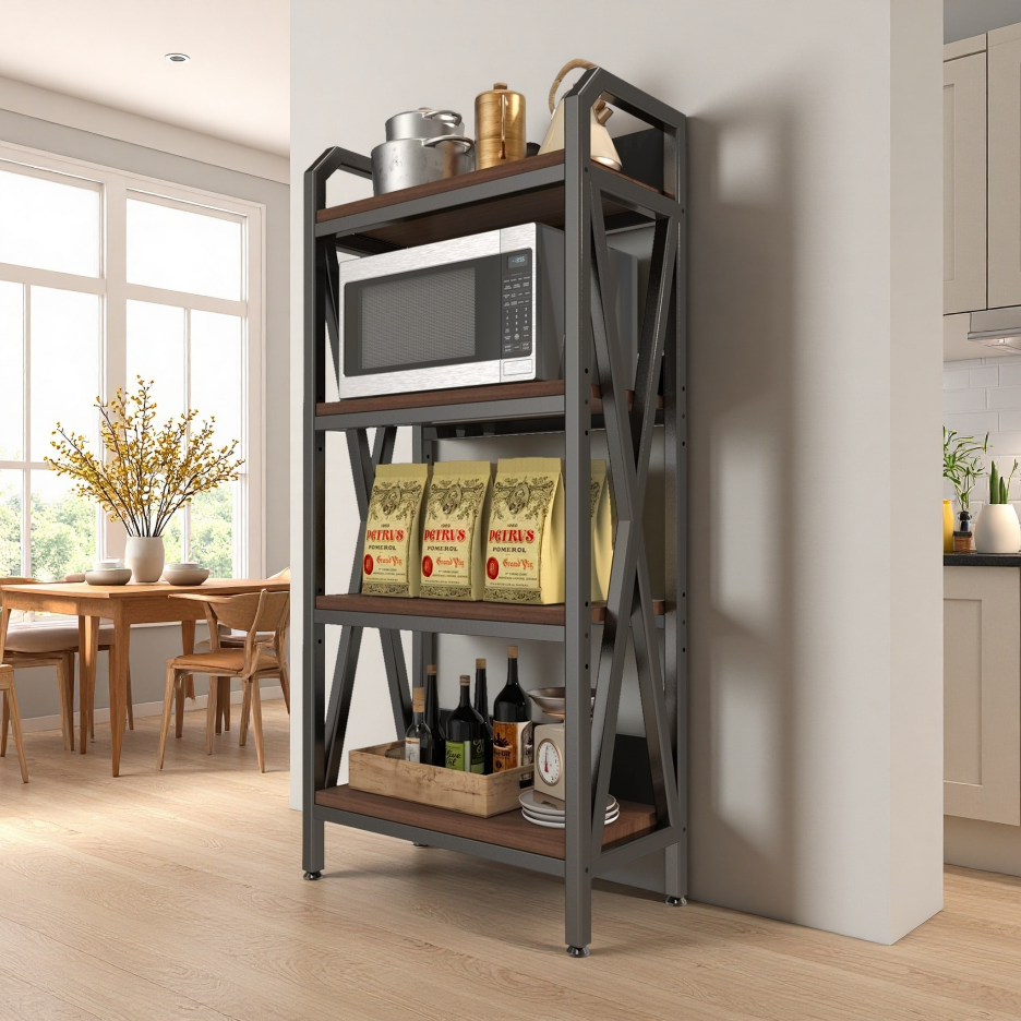 Black 56.3-Inch Metal & Wood Kitchen Storage Rack with 4 Adjustable Shelves