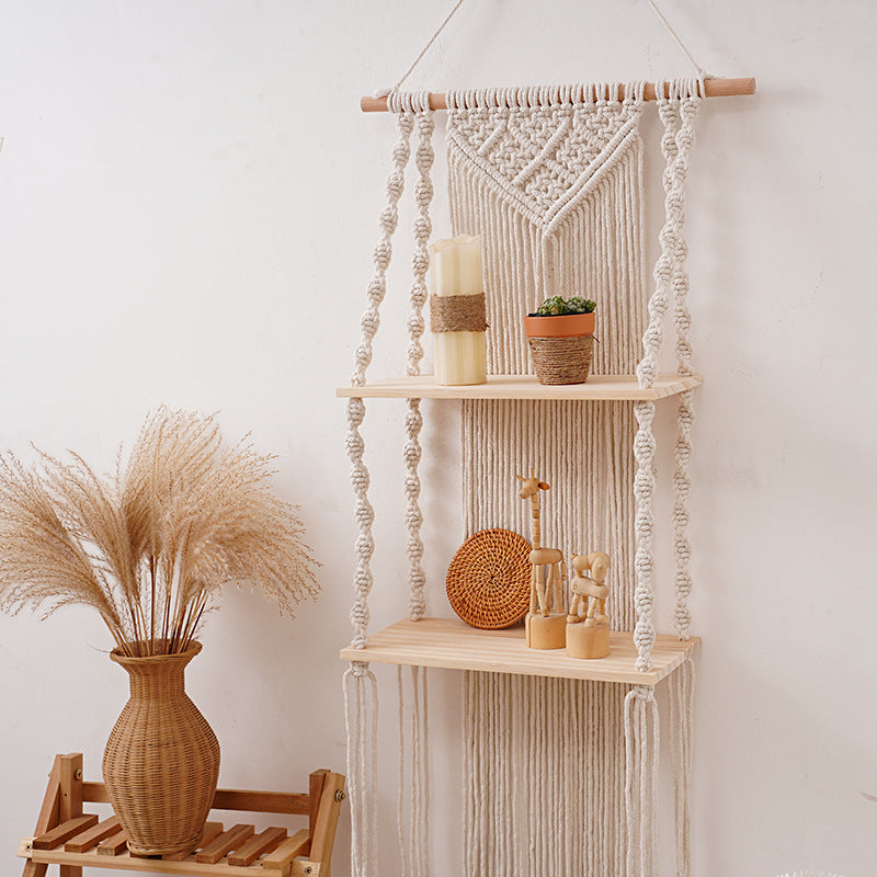 Bohemian Woven Tapestry Shelf with Wooden Bar - Natural Beige 40x90cm