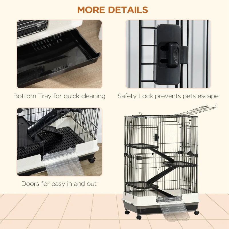 Small Animal Cage with Lockable Wheels, Slide-Out Tray for Rabbits, Chinchillas, Ferrets - Black