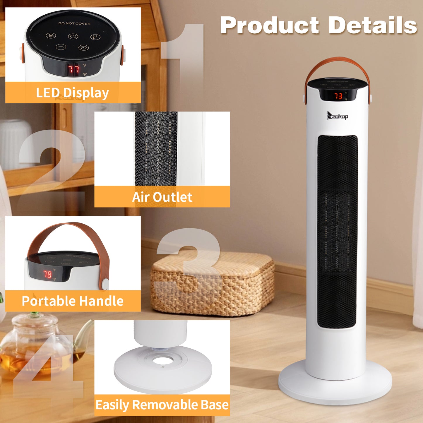 24-Inch Tower Space Heater 1500W WiFi App & Remote Control Thermostat