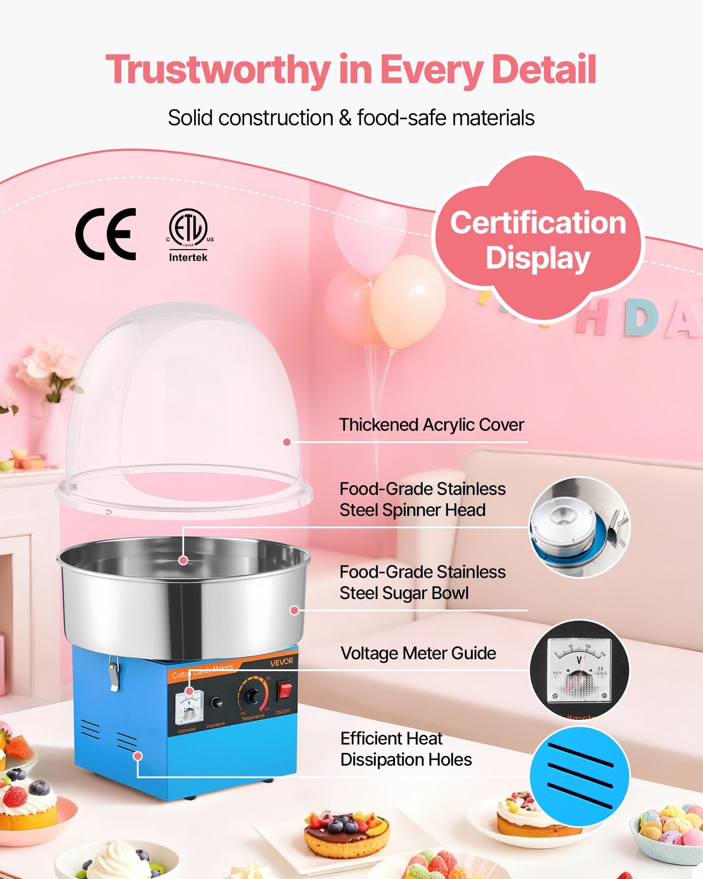 Electric Cotton Candy Machine 1000W with Cover & Stainless Steel Bowl - Blue