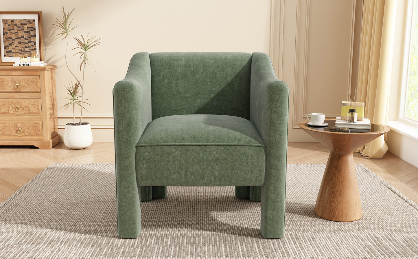 Modern Green Barrel Accent Chair - Upholstered Armchair for Living Room & Bedroom