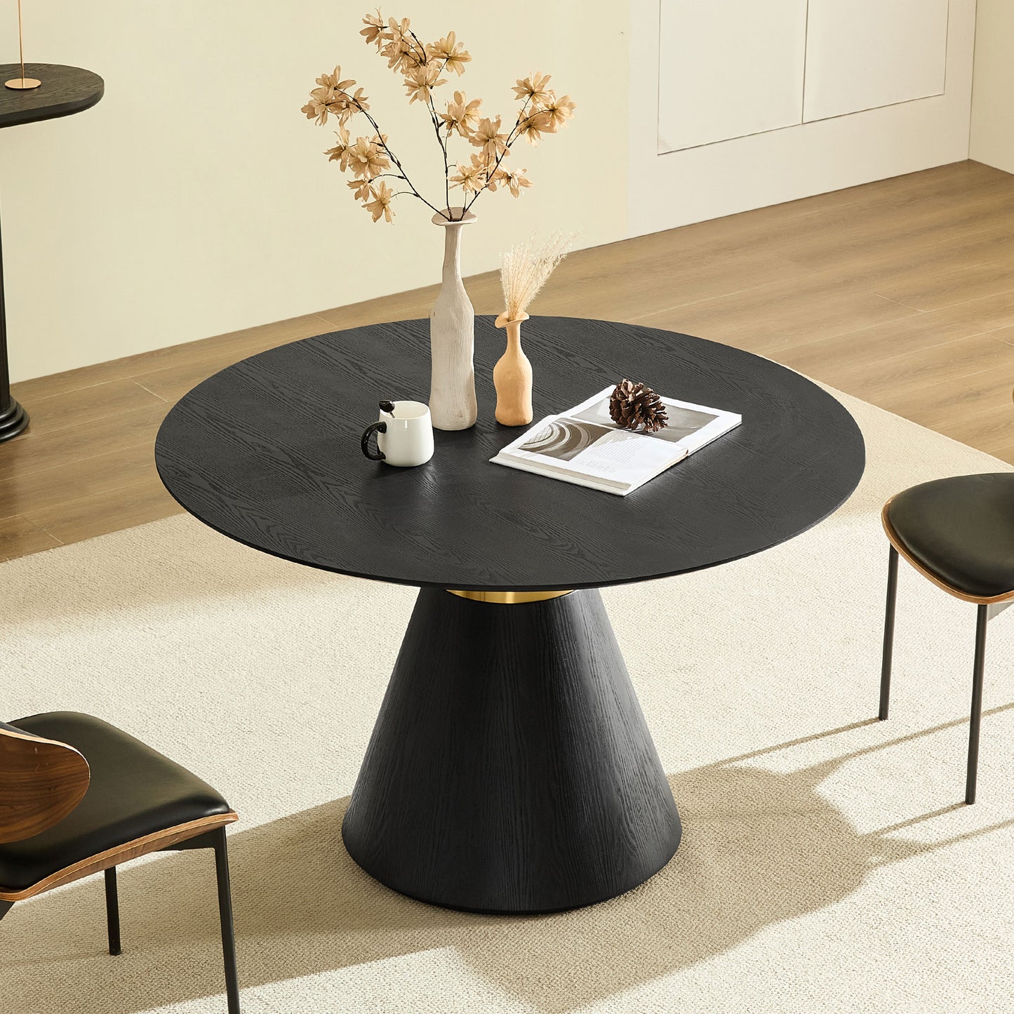 Round Dining Table with Black Pedestal Base & Gold Trim - 47.24"