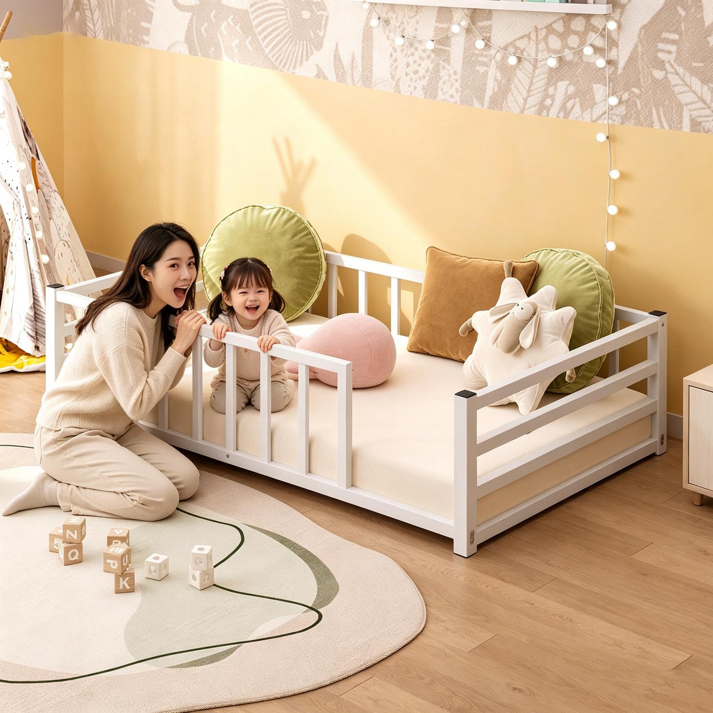 Twin Size Low Profile Metal Bed Frame with Guardrails - White