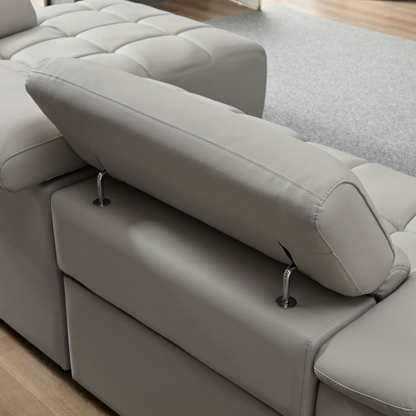 Electric Reclining Sofa - Modern L-Shaped Genuine Leather Couch with USB Port - Light Grey