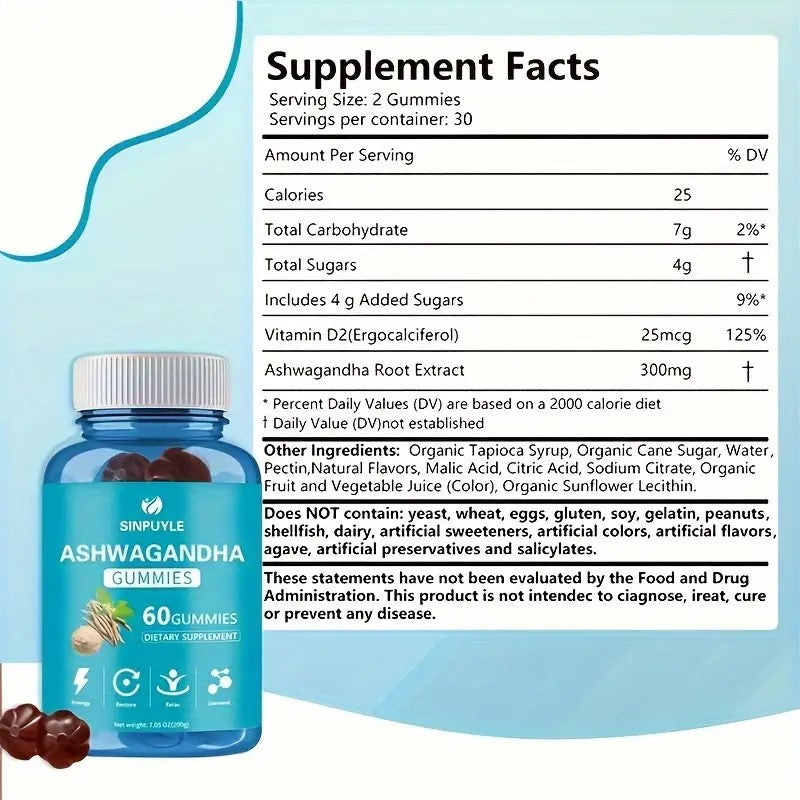 Ashwagandha Gummies - 60 Count Natural Adaptogen Supplement for Stress Relief