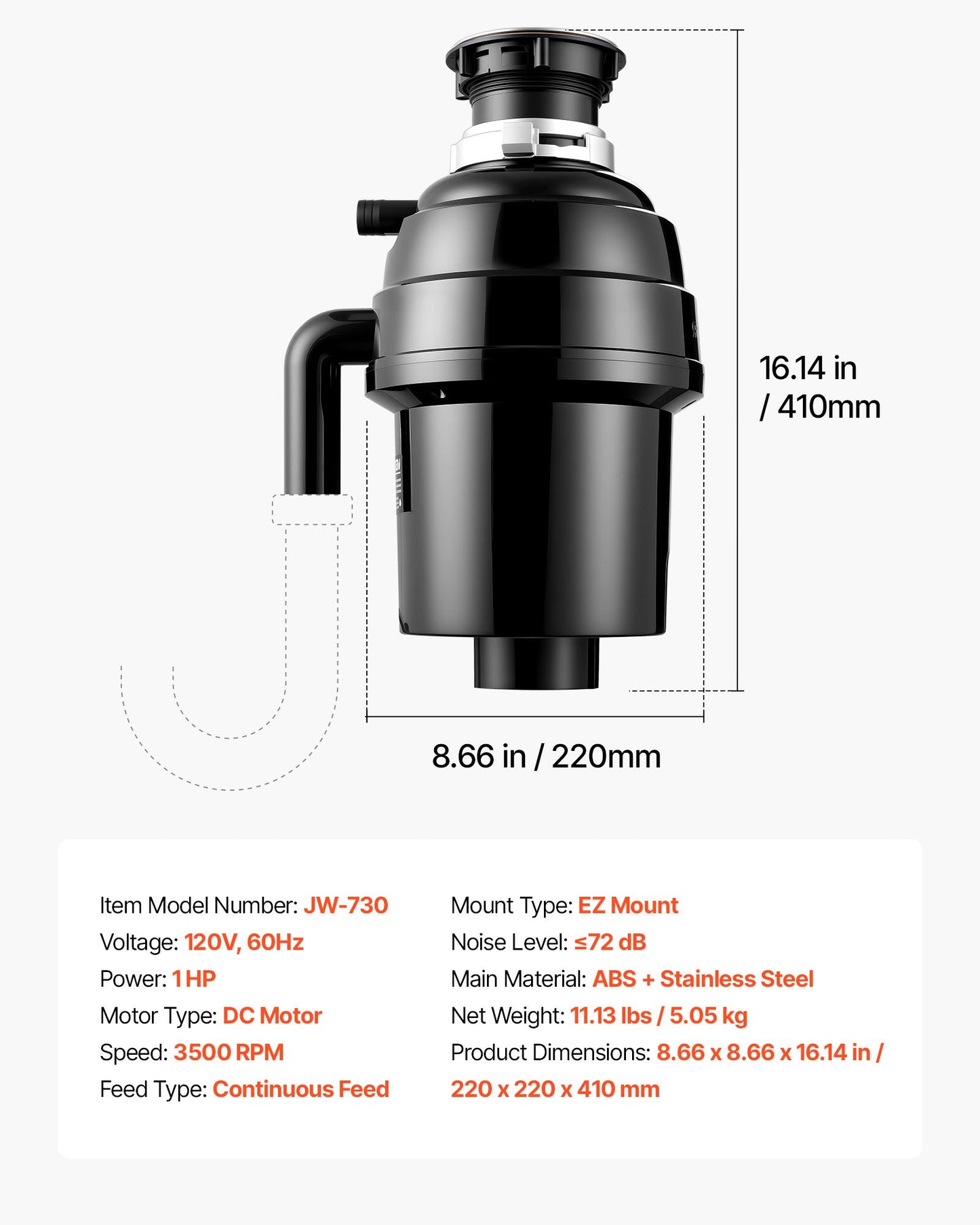 Food Waste Garbage Disposal 1HP 3500RPM Continuous Feed Kitchen Sink Disposer