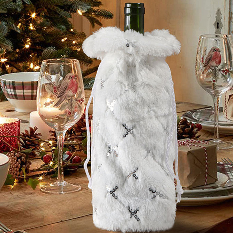 Christmas Bottle Cover Plush Snowflake Sequin Embroidered Fleece 9x9x32cm