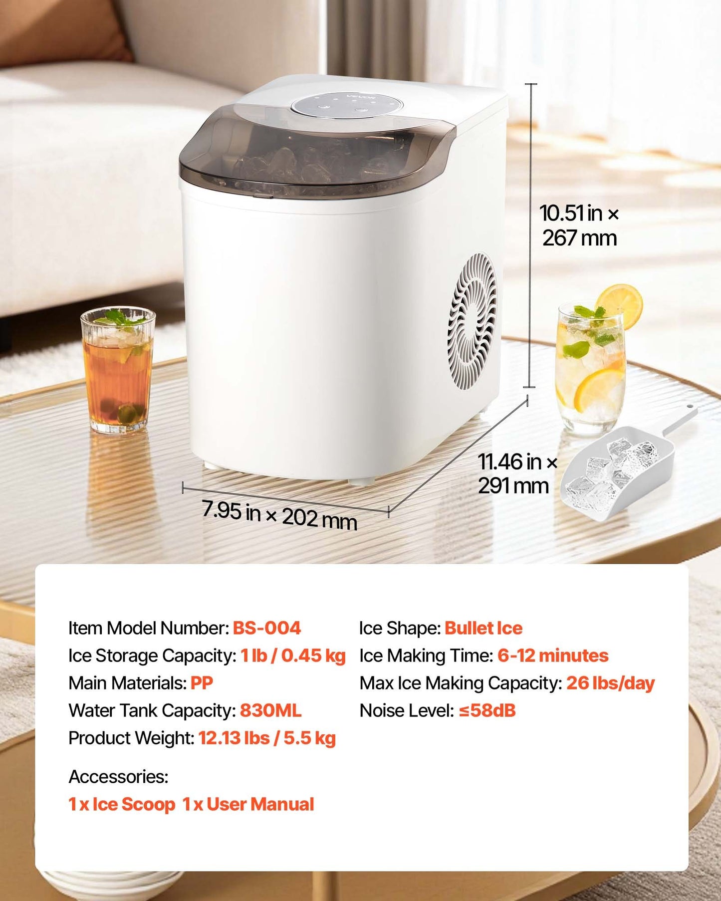 Countertop Ice Maker - Fast 7 Cubes in 6 Min, 26 Lbs Daily, Self-Cleaning Portable Machine with 2 Ice Sizes