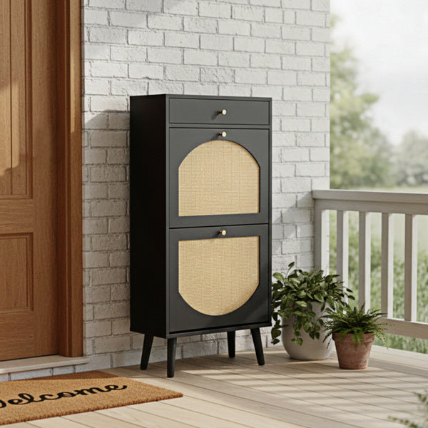 Shoe Cabinet with Drawer and Flip-Top Compartments - Black