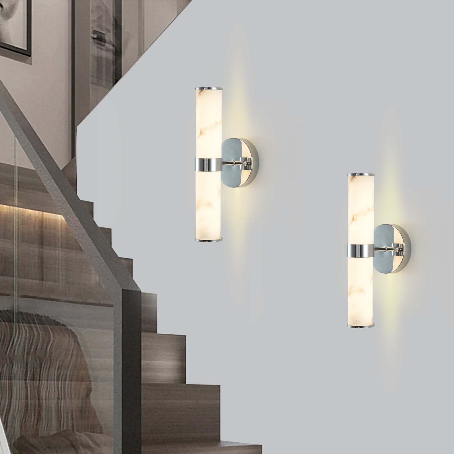 Set of 2 Modern Marble Texture Wall Sconces - Chrome Trim