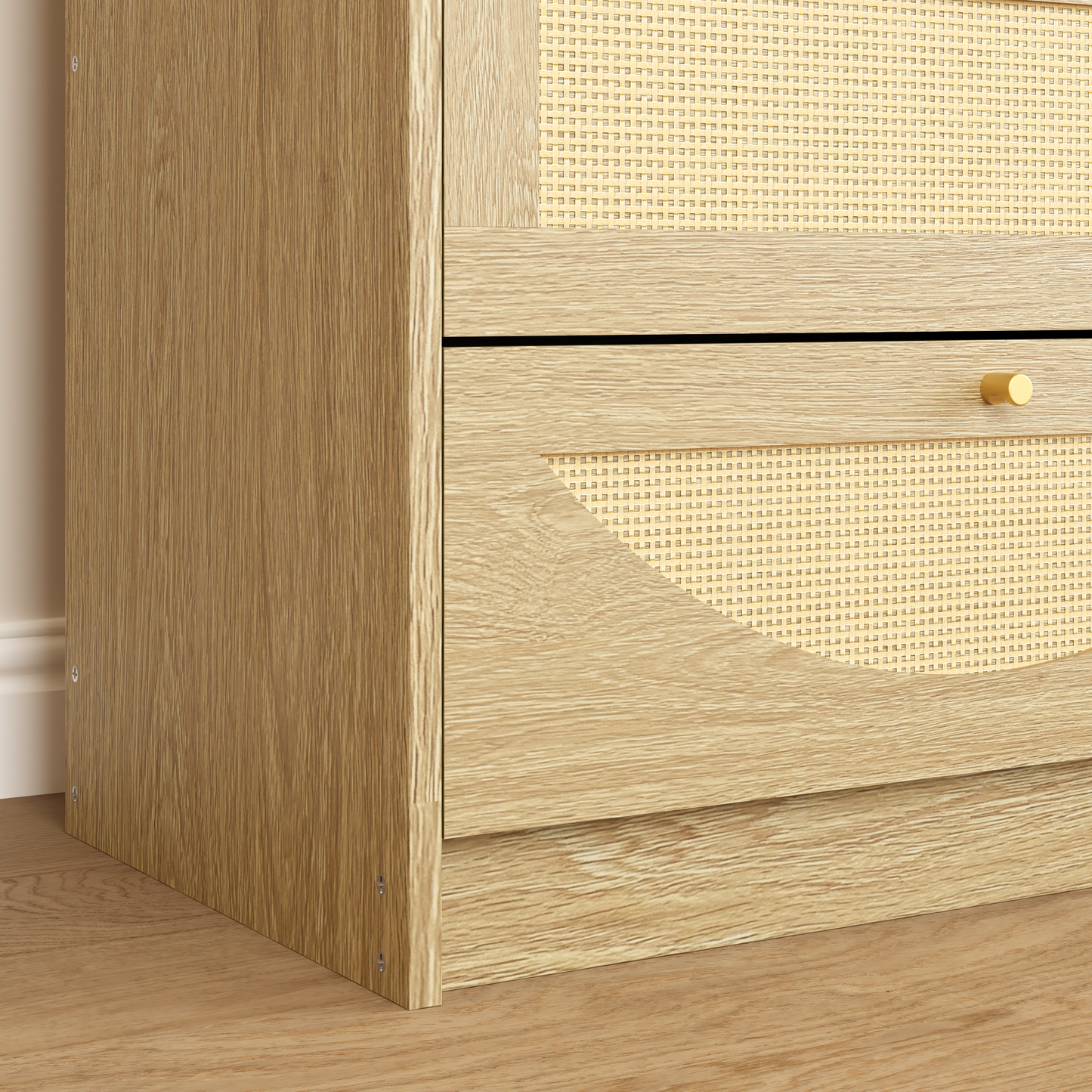 Natural 8-Drawer Dresser with Rattan Front - Wide Storage Cabinet
