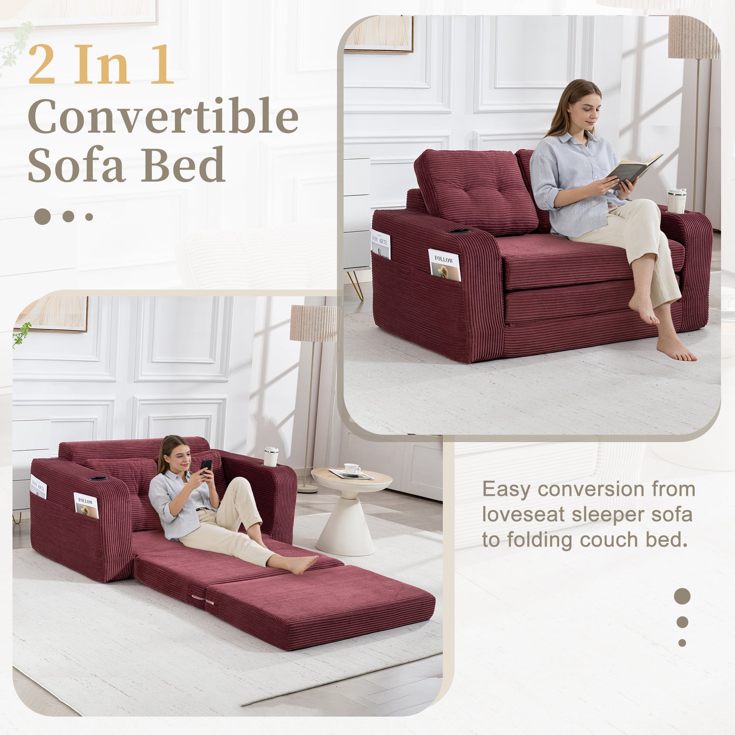 Convertible Sofa Bed - Expandable 2-in-1 Floor Couch with Pillows, Wine Red