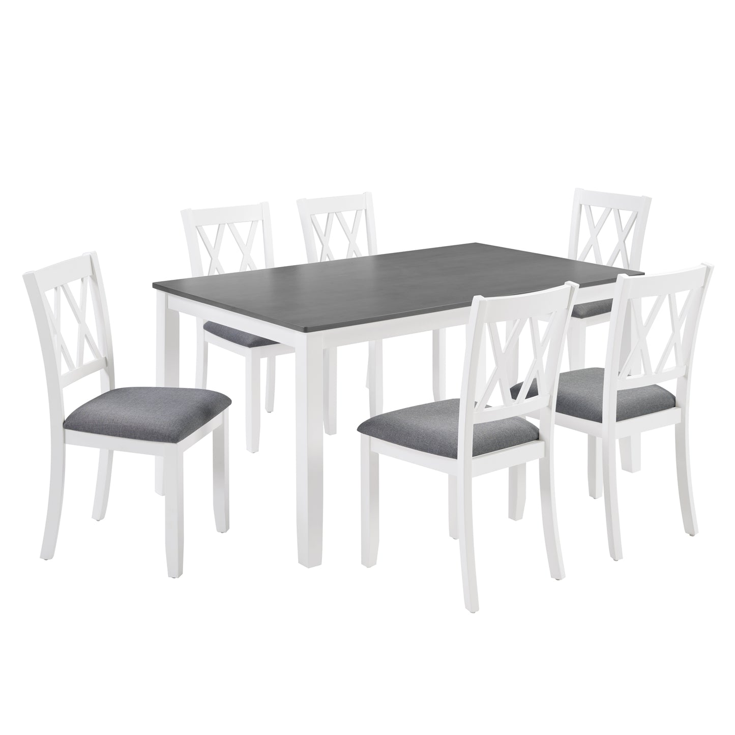 7-Piece Solid Wood Dining Set with 6 Upholstered Chairs - Grey & White