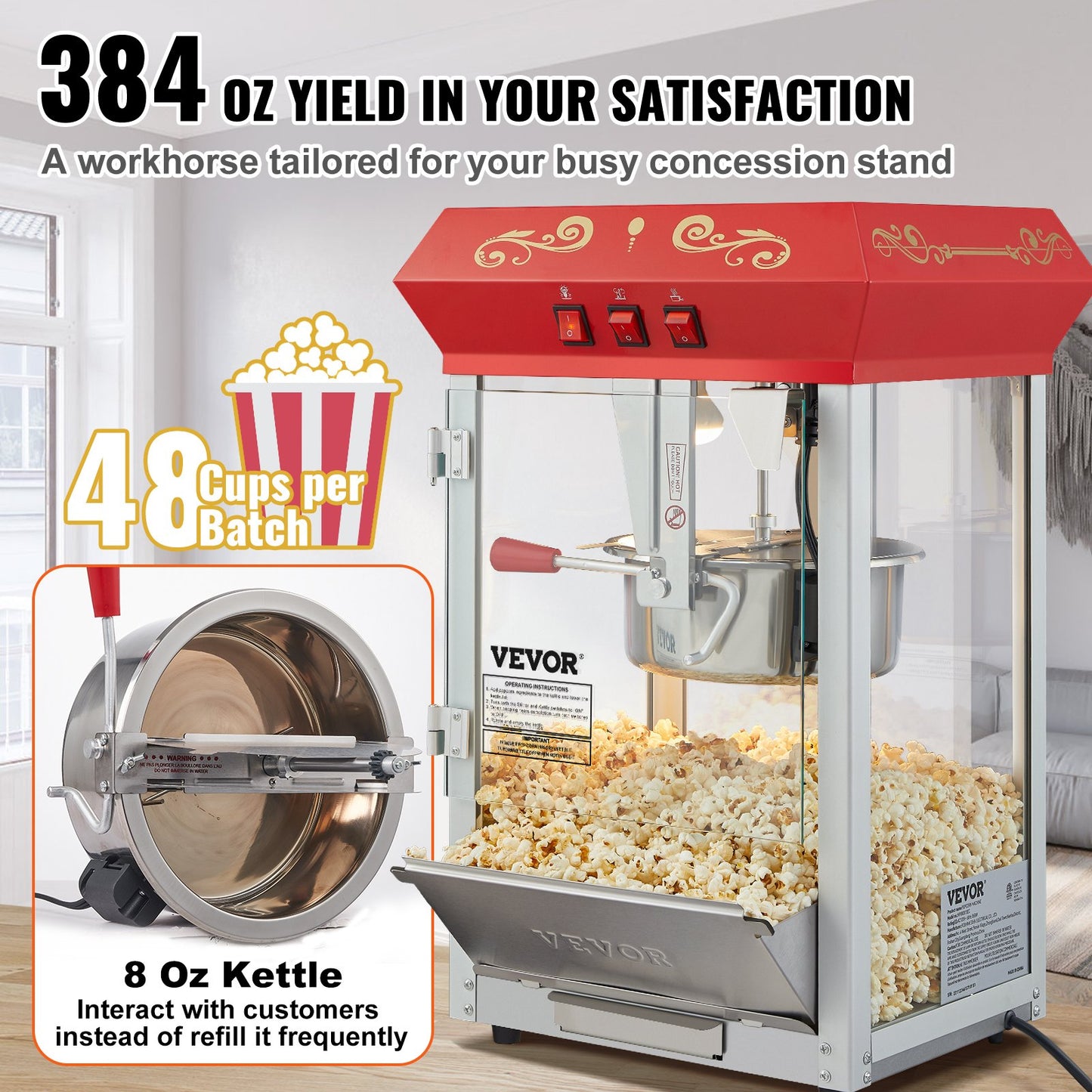 Countertop Popcorn Maker 8 Oz 850W Red Commercial Snack Machine