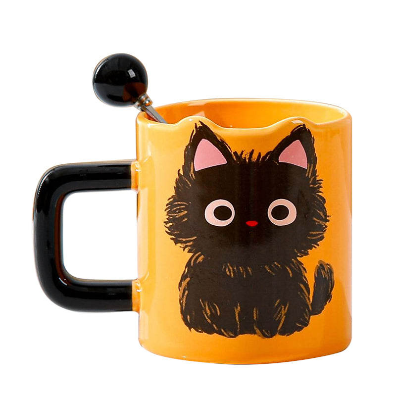 Cute Black Cat Mug with Lid and Spoon - Ceramic Drinkware Set