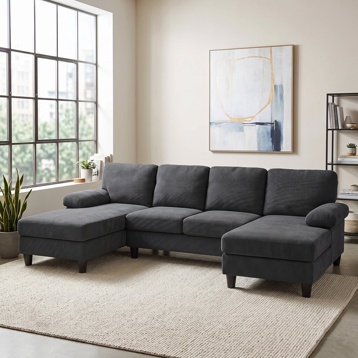 U-Shaped Sofa with Nubby Upholstery - Dark Grey