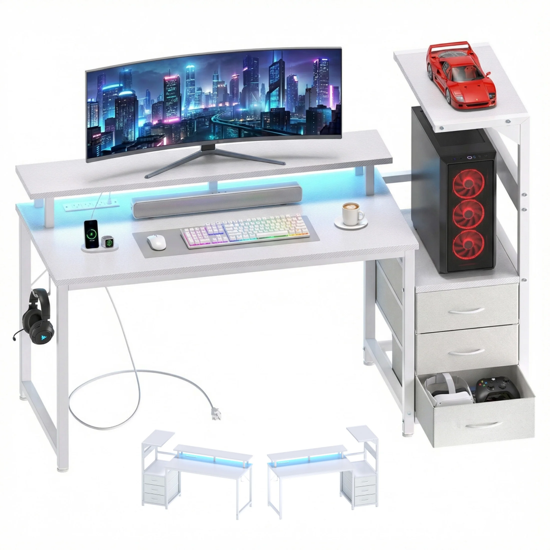 Gaming Desk with USB Ports & LED Lights - 52" with Drawers
