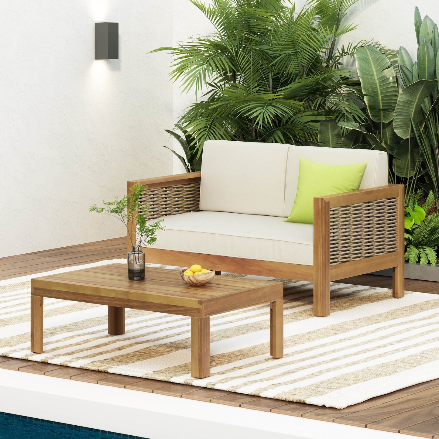 Outdoor Acacia Wood And Wicker Loveseat Coffee Table Set With