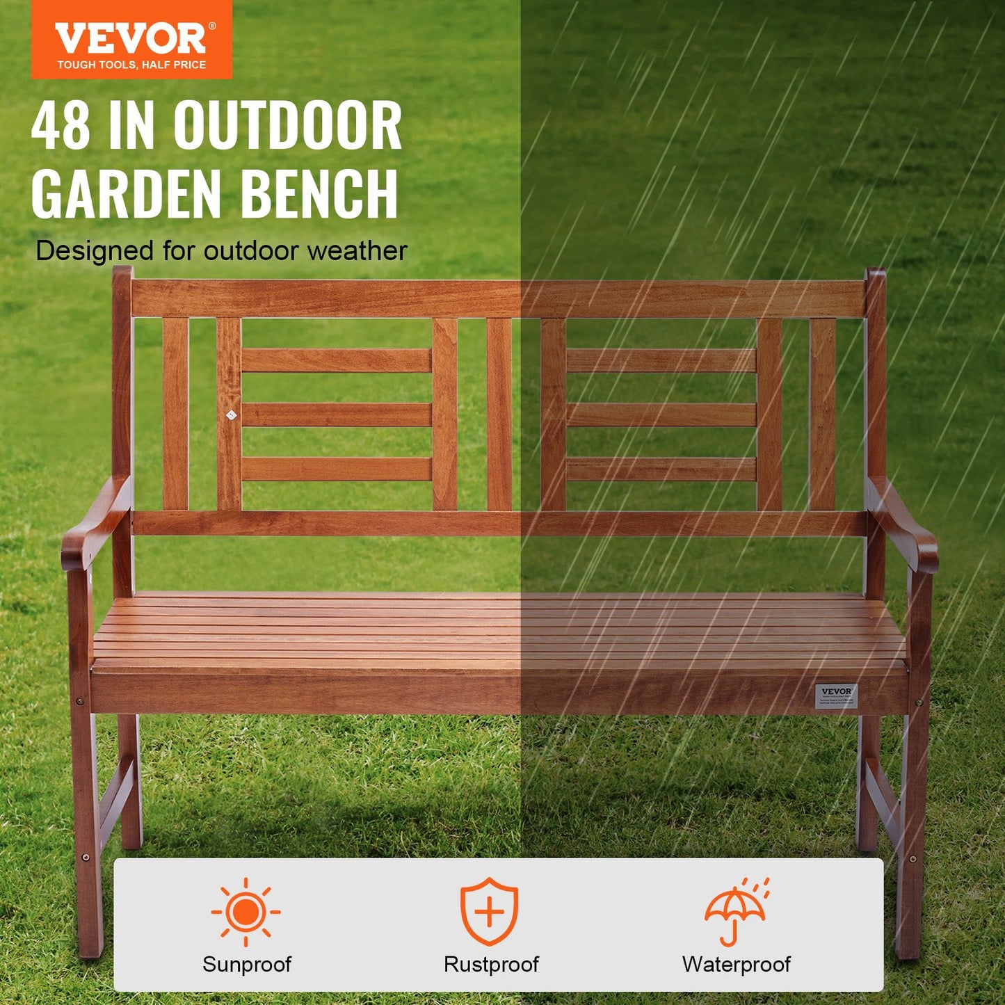 Wood Garden Bench 48 Inches Outdoor Patio Bench with Backrest and Armrests - Natural Finish