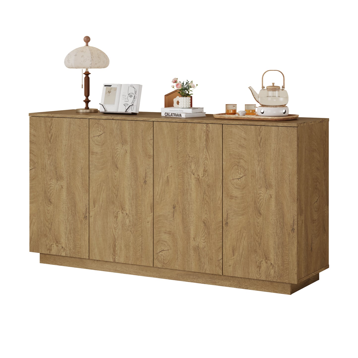 Natural Wood Sideboard Buffet Cabinet with 4 Doors & Adjustable Shelves