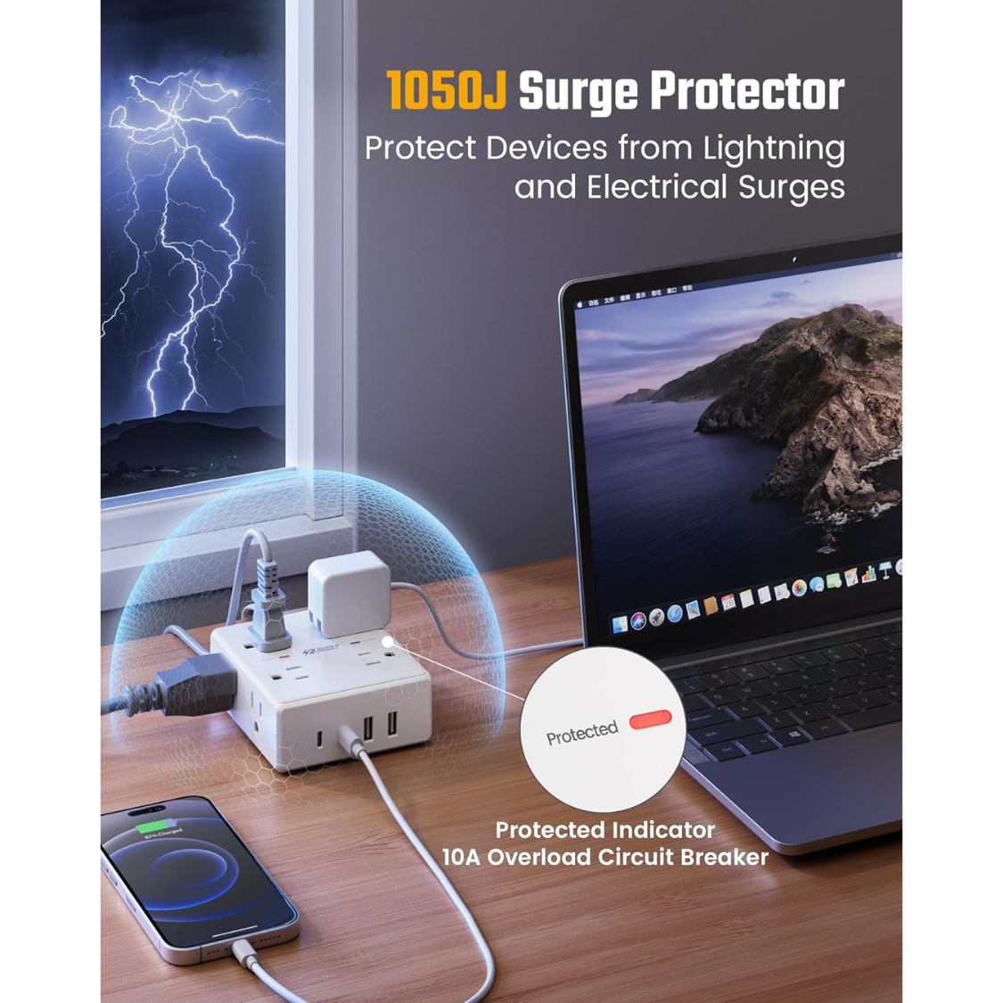 10Ft Surge Protector Power Strip with 8 Outlets & 4 USB Ports