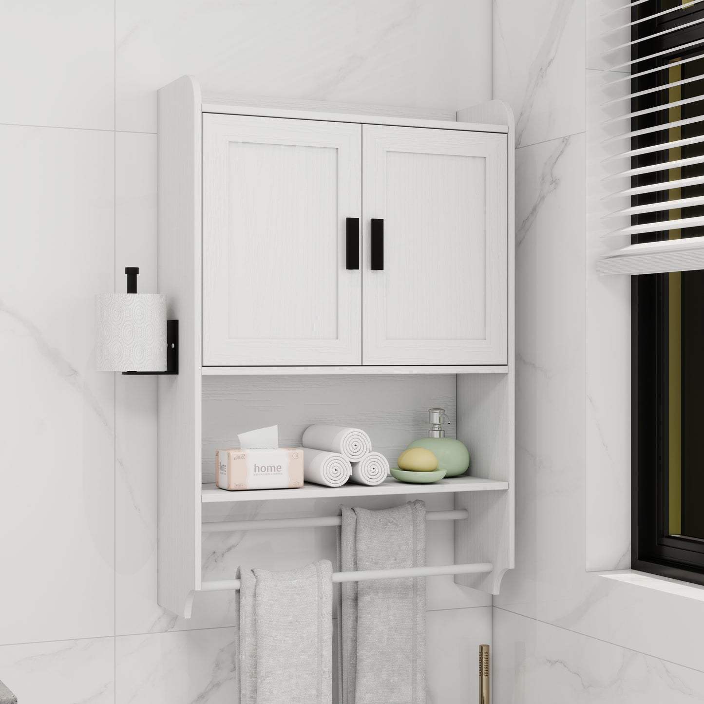 Bathroom Wall Cabinet with Doors, Adjustable Shelf & Towel Bar - White