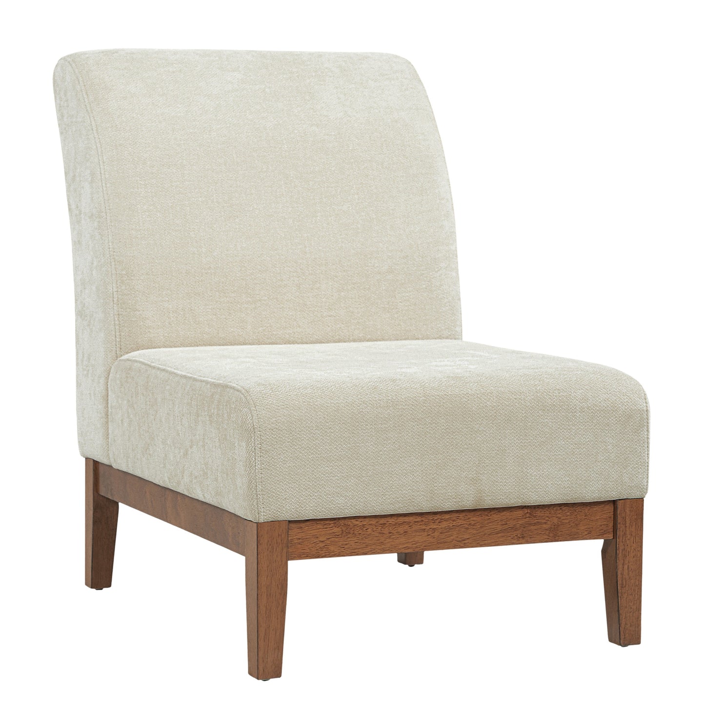 Beige Fabric Upholstered Accent Chair with Walnut Frame