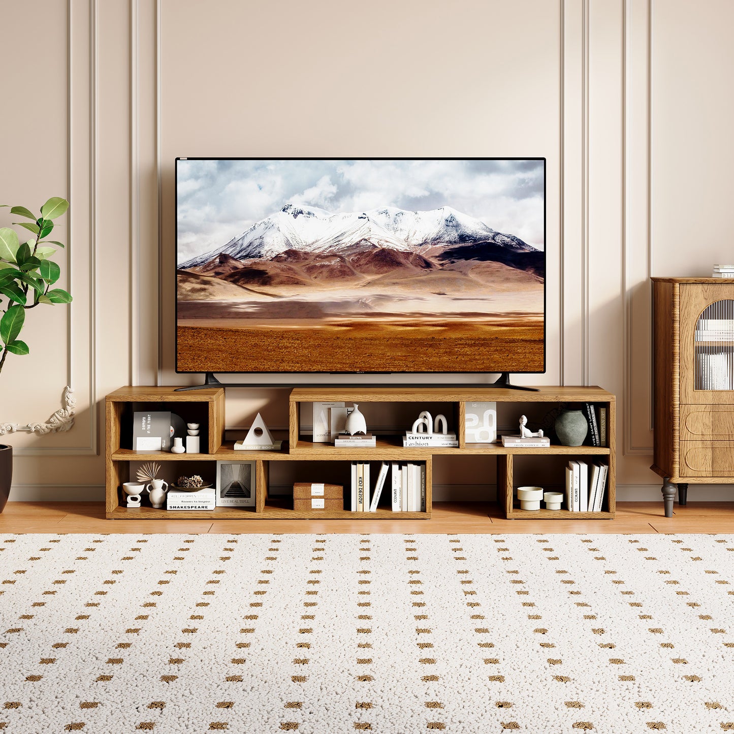 Modular Extendable TV Stand - Rustic Wood Media Console with Open Storage