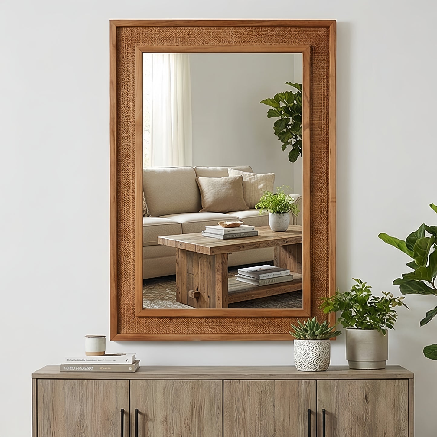 20"x30" Rattan Rectangle Decorative Mirror - Yellowish Brown